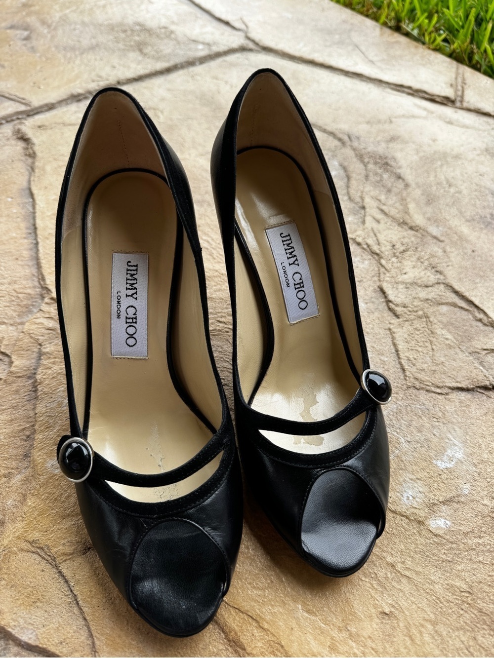Vintage Jimmy Choo Black Leather Peep Toe Mary Jane Heels Pumps Size 36,5 - Picture 10 of 15